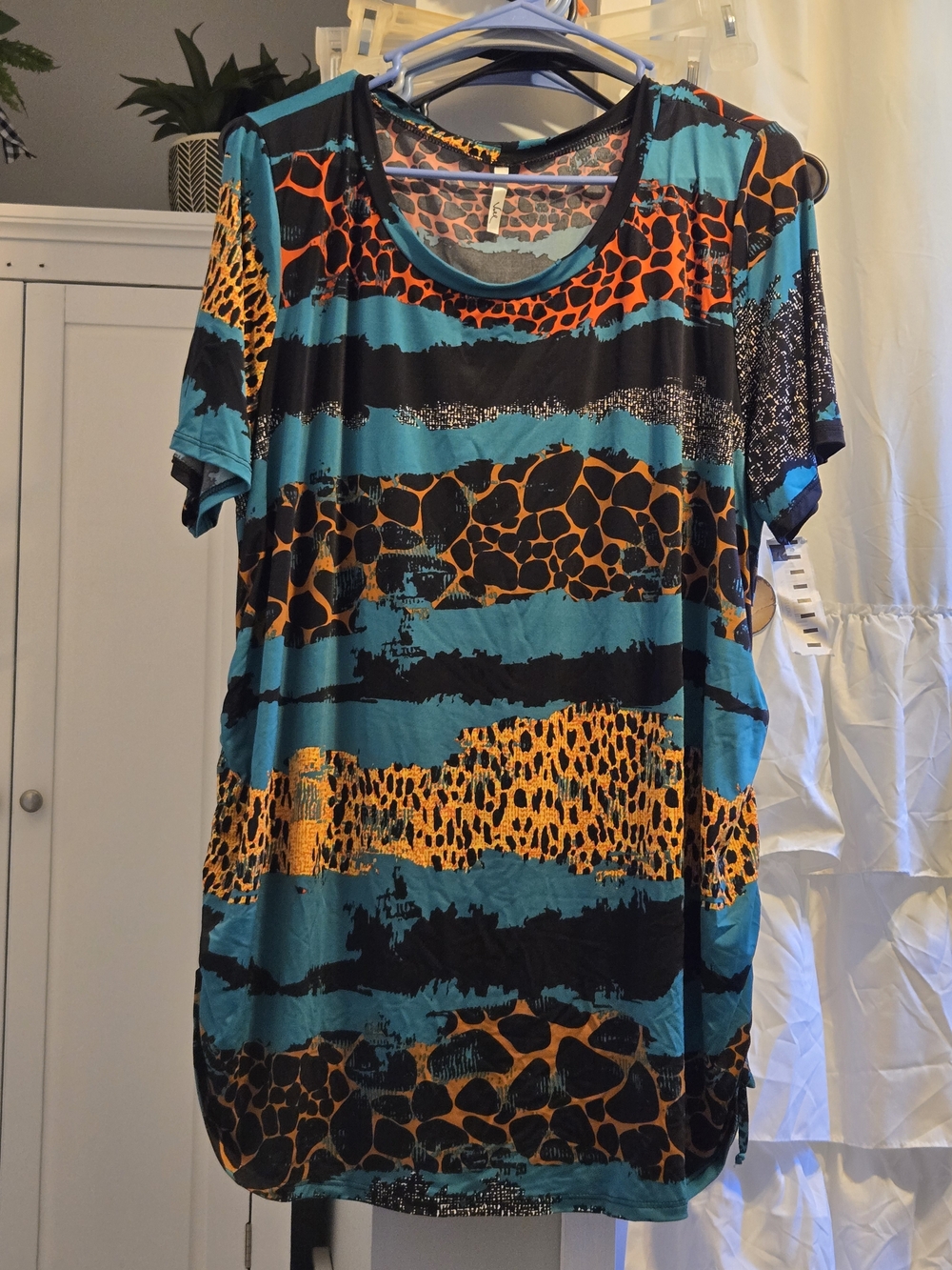 Voll Style Teal and Orange Animal Stripe Short Sleeve Top